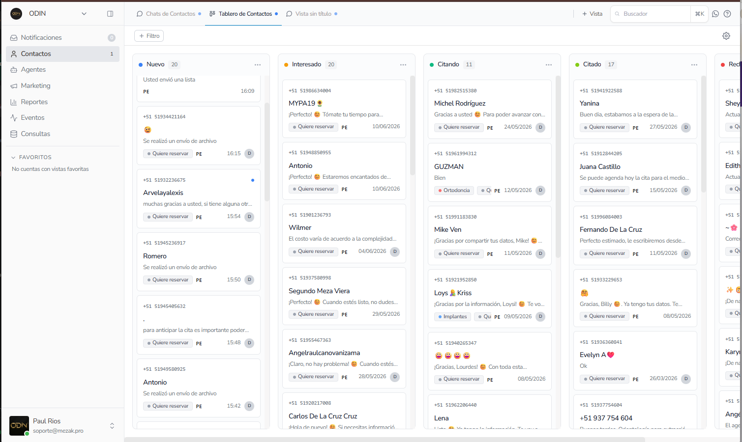 Tablero de contactos por etapa: nuevo, interesado, citando y citado con conversaciones de WhatsApp en Mezak