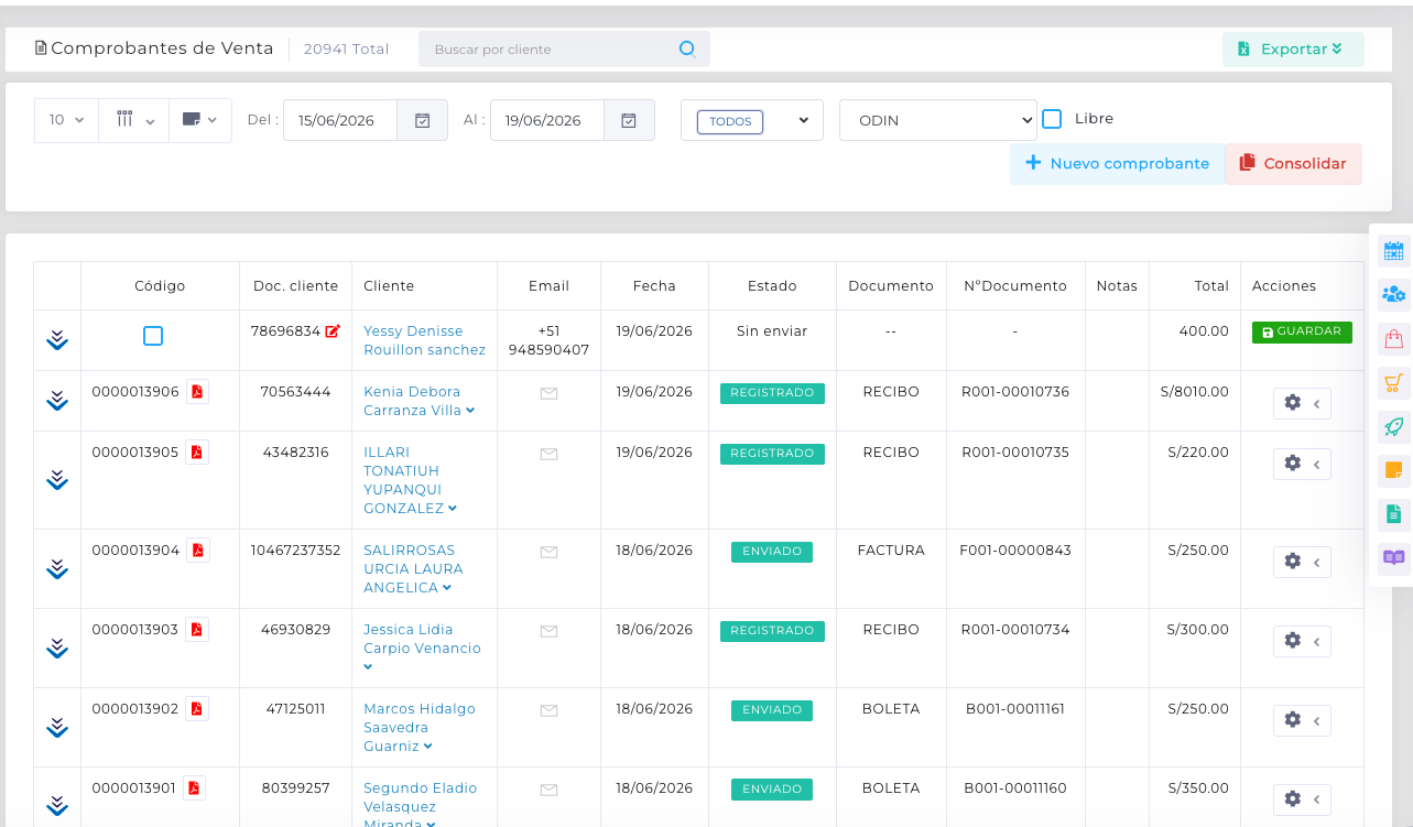 Listado de comprobantes de venta: boletas, facturas y recibos con estado y total en Mezak